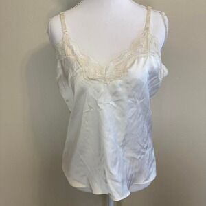 VTG Cheri White Satin Cami Tank Top Lace Trim Women's Sz L